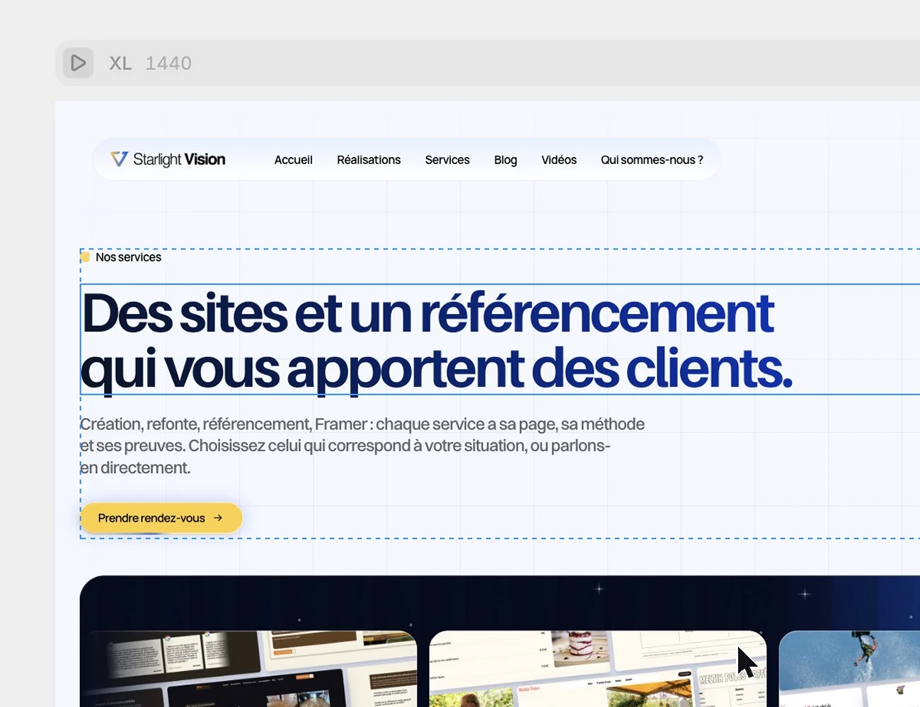 Modification d’un titre directement dans le canevas de Framer.