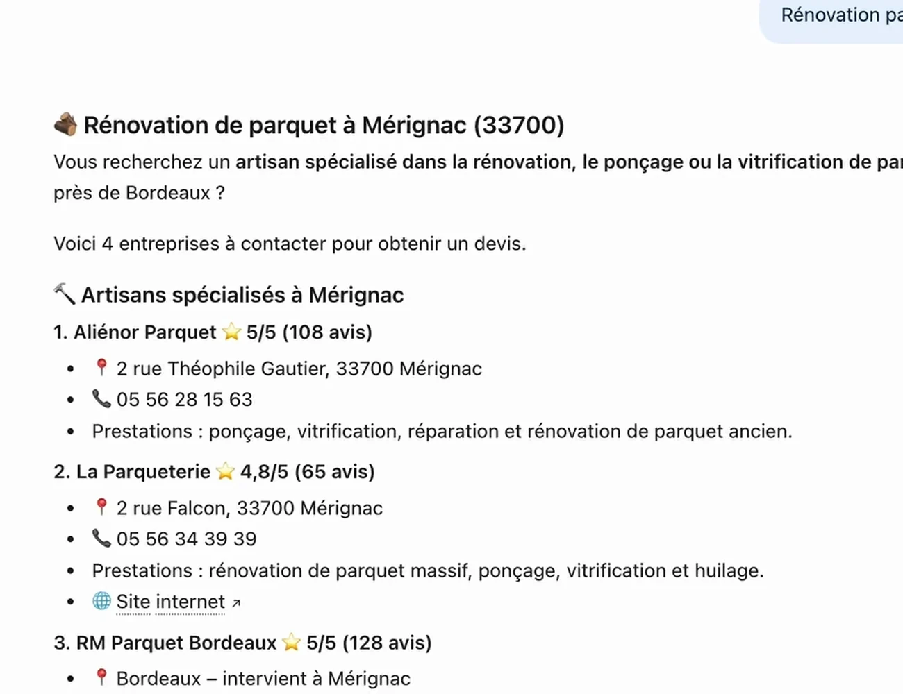 Réponse de ChatGPT qui cite Aliénor Parquet en premier parmi les artisans spécialisés à Mérignac.