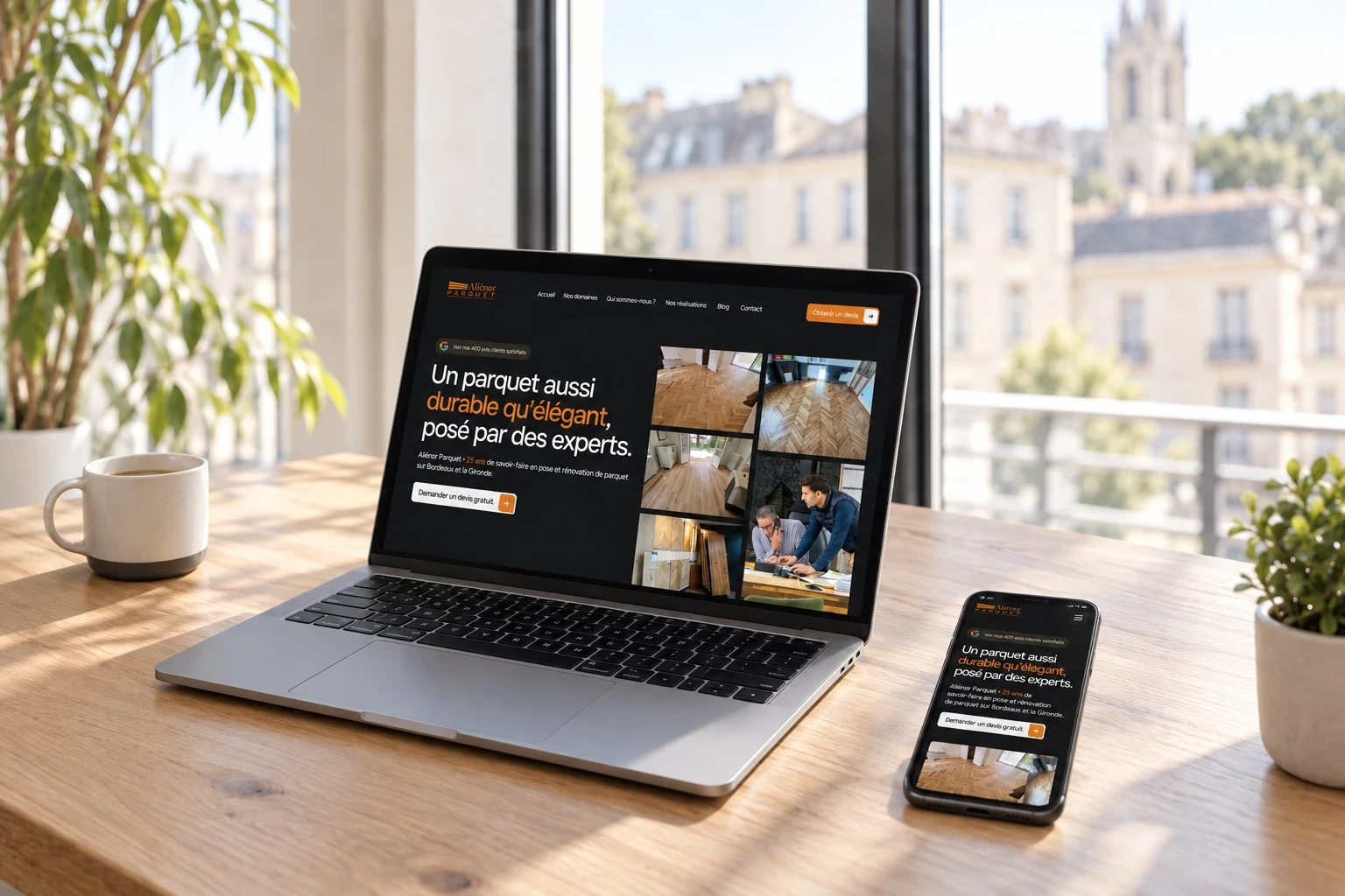 Site Aliénor Parquet affiché sur MacBook et iPhone pour vérifier les versions ordinateur et mobile.