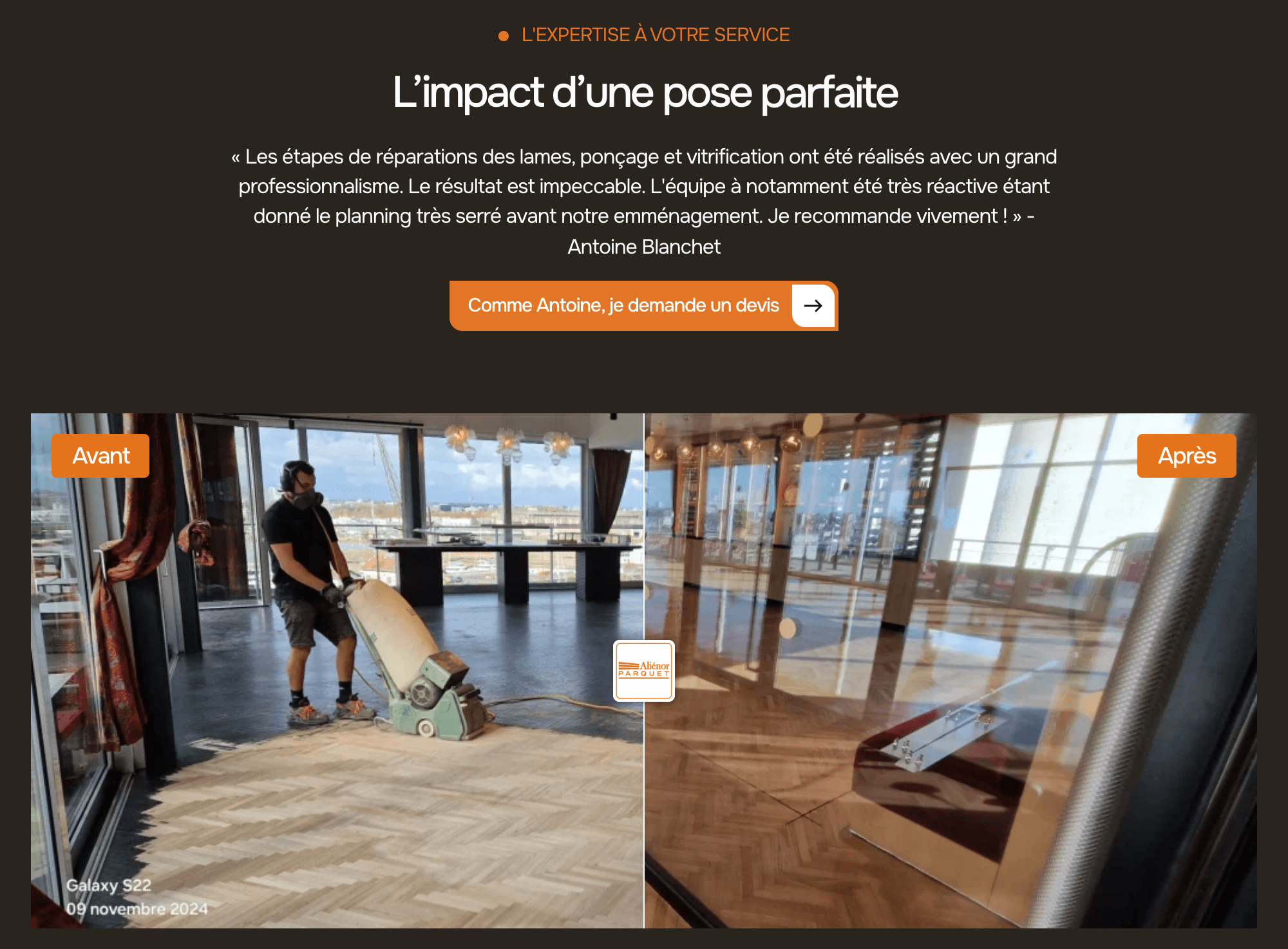 Section du site Aliénor Parquet réunissant une réalisation avant/après, un avis client et un bouton de demande de devis.