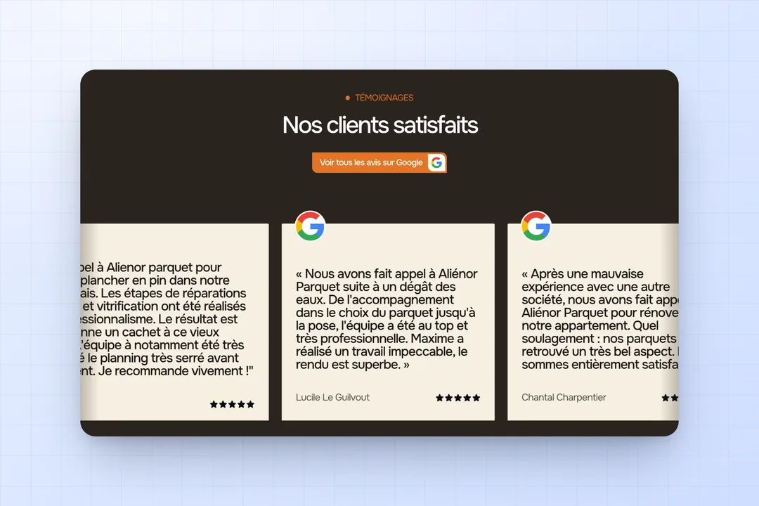 Avis Google de clients d’Aliénor Parquet mis en avant sur son site.