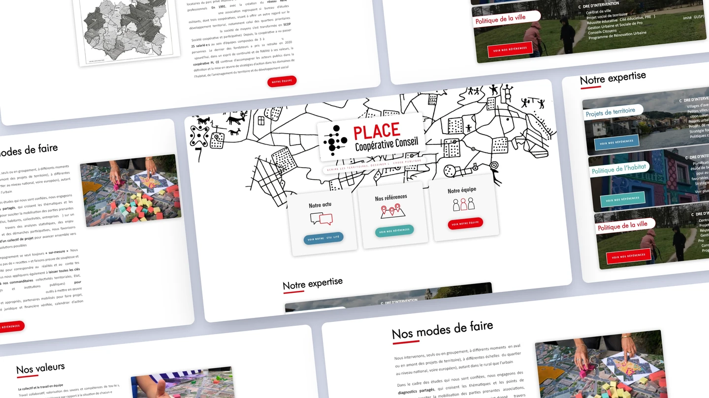 Site internet de Place Coopérative Conseil, coopérative d’étude et de conseil des territoires : aperçu des pages du site