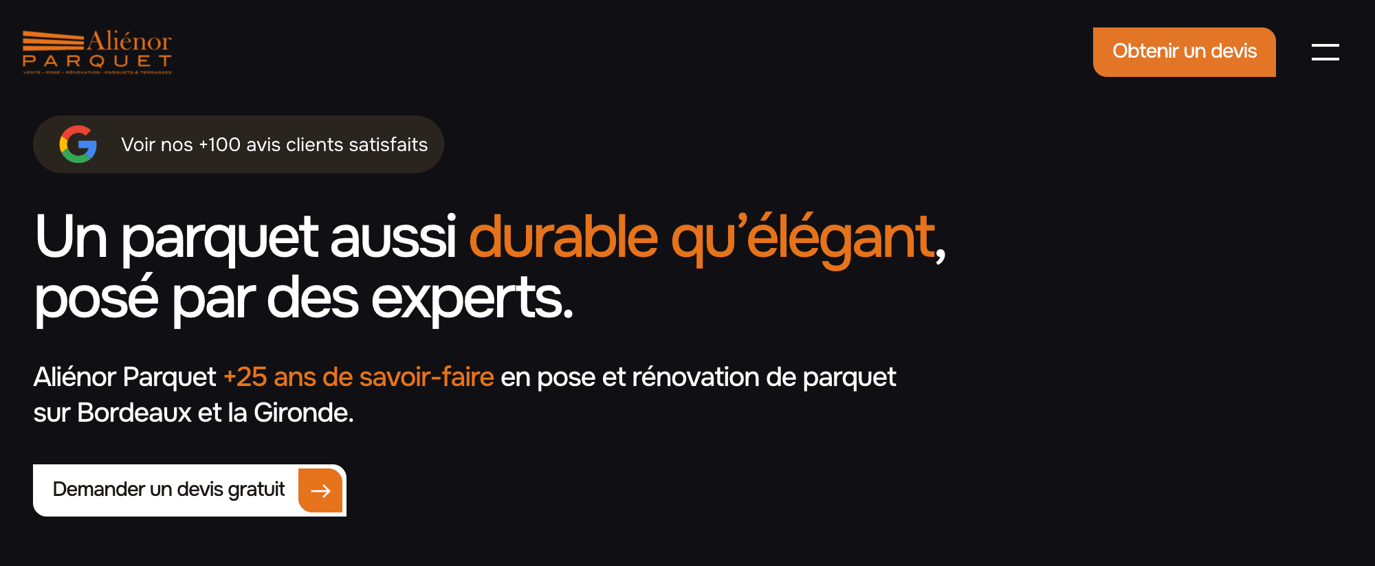 Page d’accueil du site Aliénor Parquet : présentation de l’entreprise et accès à la demande de devis.