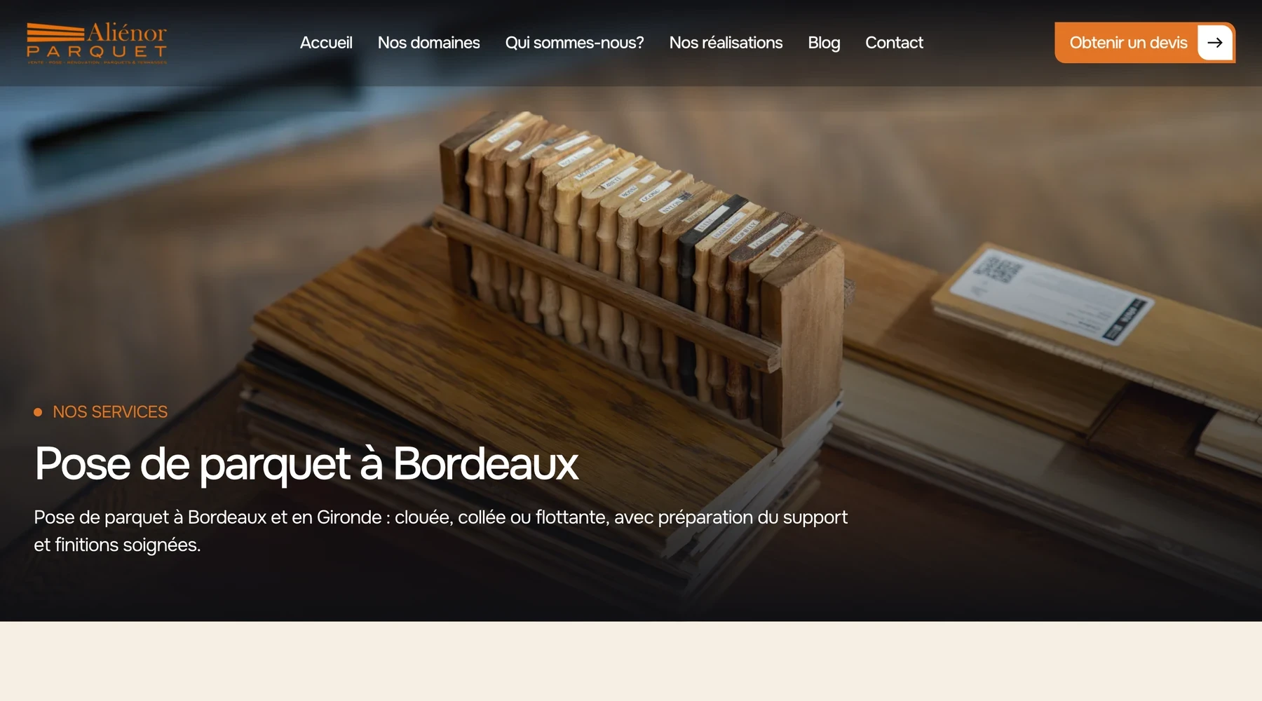 Page « Pose de parquet à Bordeaux » du site d’Aliénor Parquet.