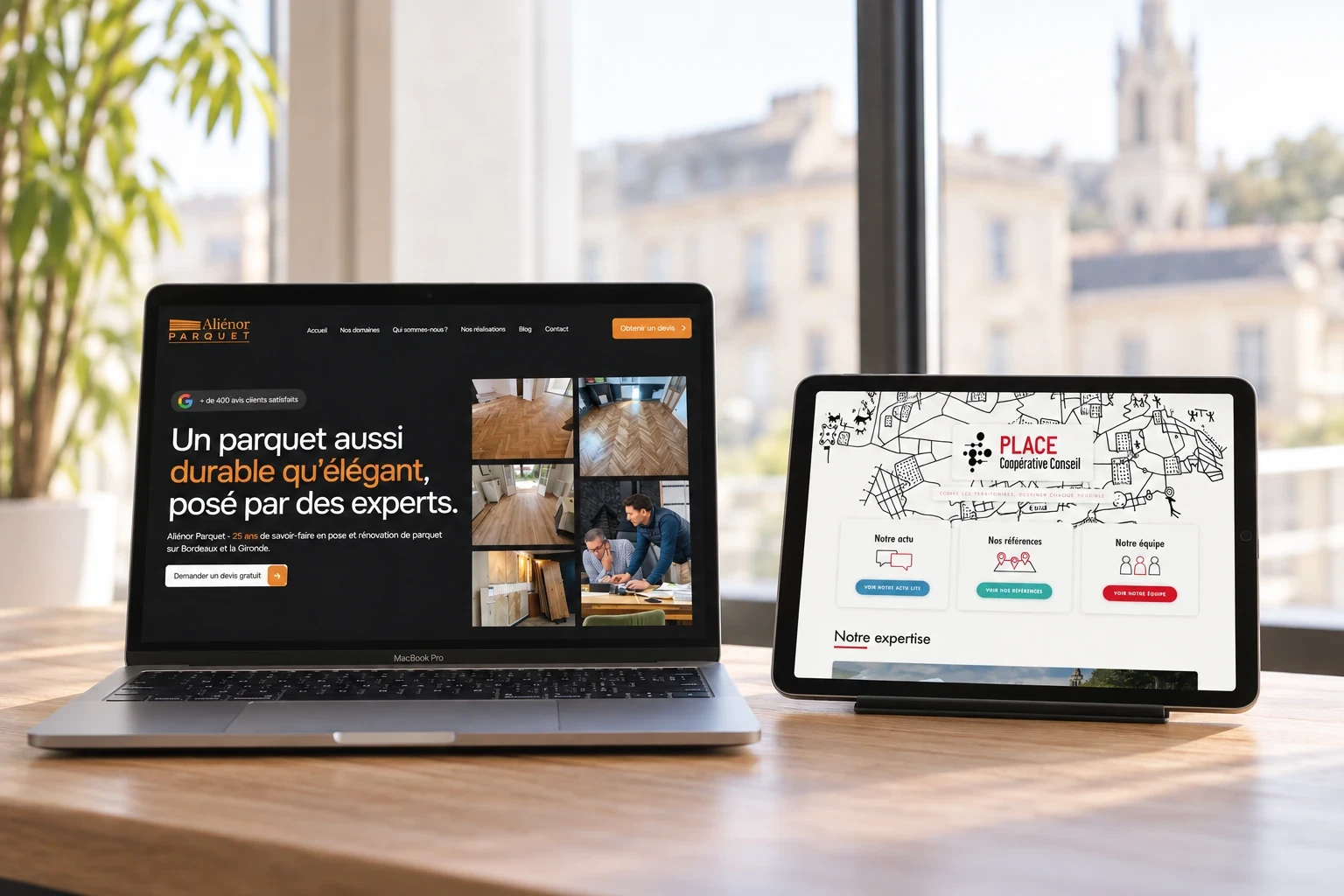 Sites Aliénor Parquet et PLACE Coopérative Conseil présentés sur MacBook et iPad.