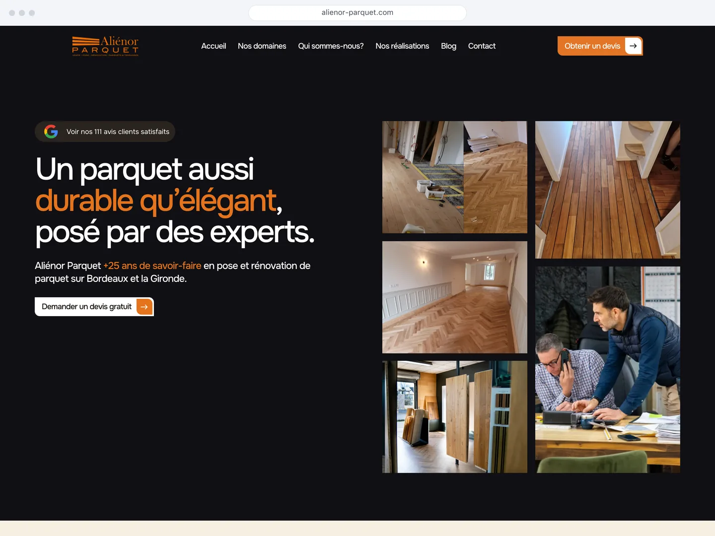 Page d’accueil du site Aliénor Parquet, parqueteur à Bordeaux