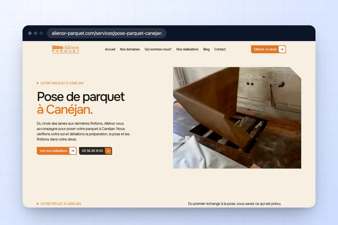 Page d’Aliénor Parquet dédiée à la pose de parquet à Canéjan.