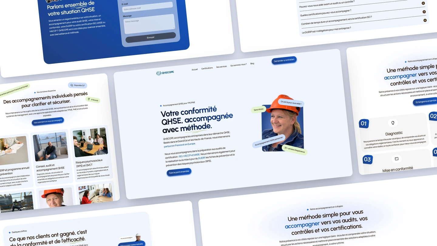 Refonte du site internet de QHSCOPE, cabinet de conseil QHSE : accompagnement certifications ISO, HACCP et MASE pour TPE et PME