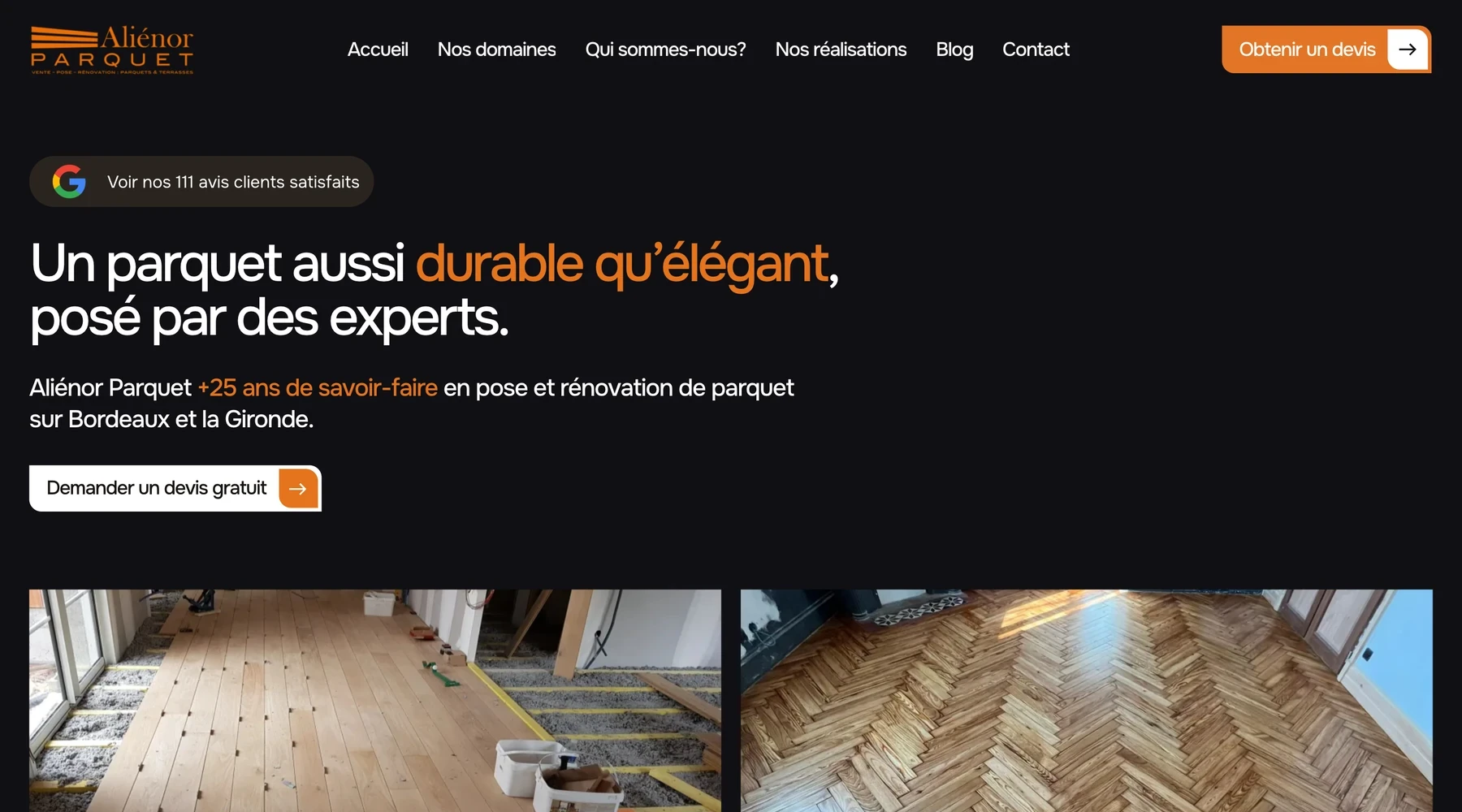 Page d’accueil du site d’Aliénor Parquet, refait par SL VISION.