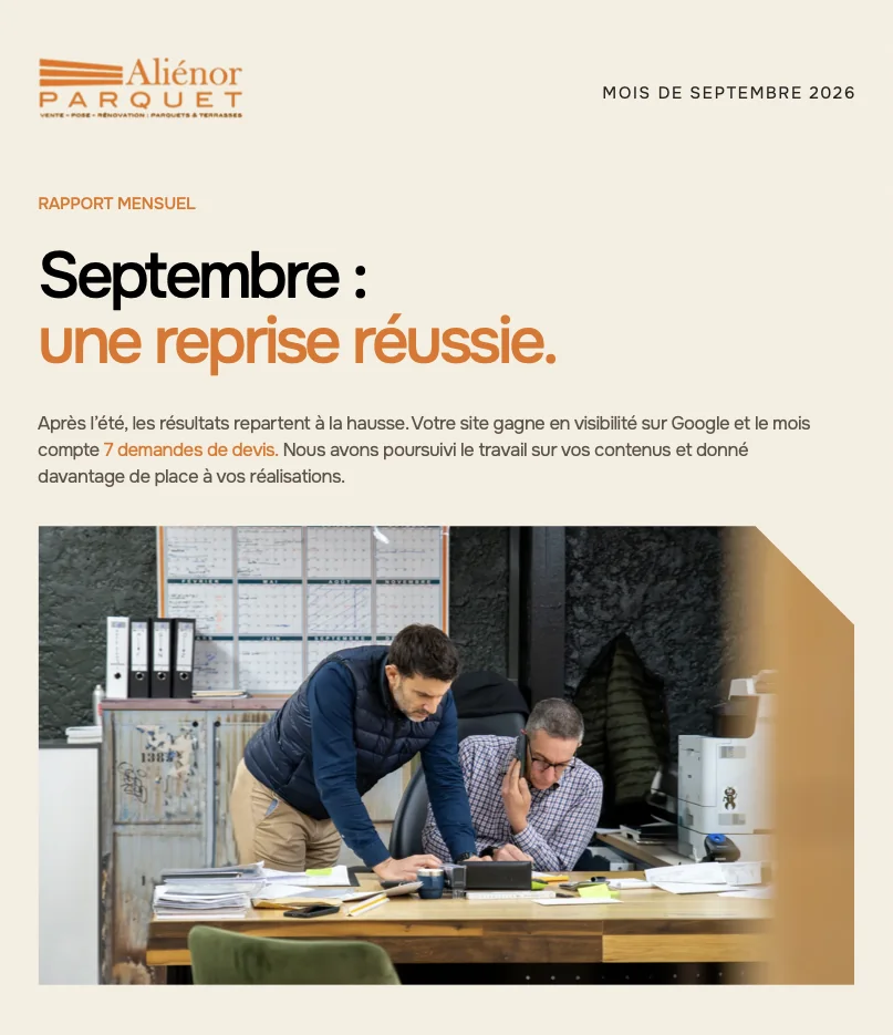 Rapport mensuel de septembre 2026 d’Aliénor Parquet : une reprise réussie et 7 demandes de devis.