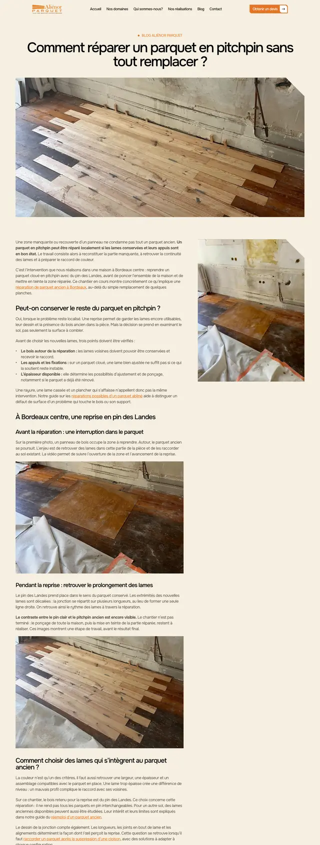 Article du blog d’Aliénor Parquet sur la réparation d’un parquet en pitchpin.