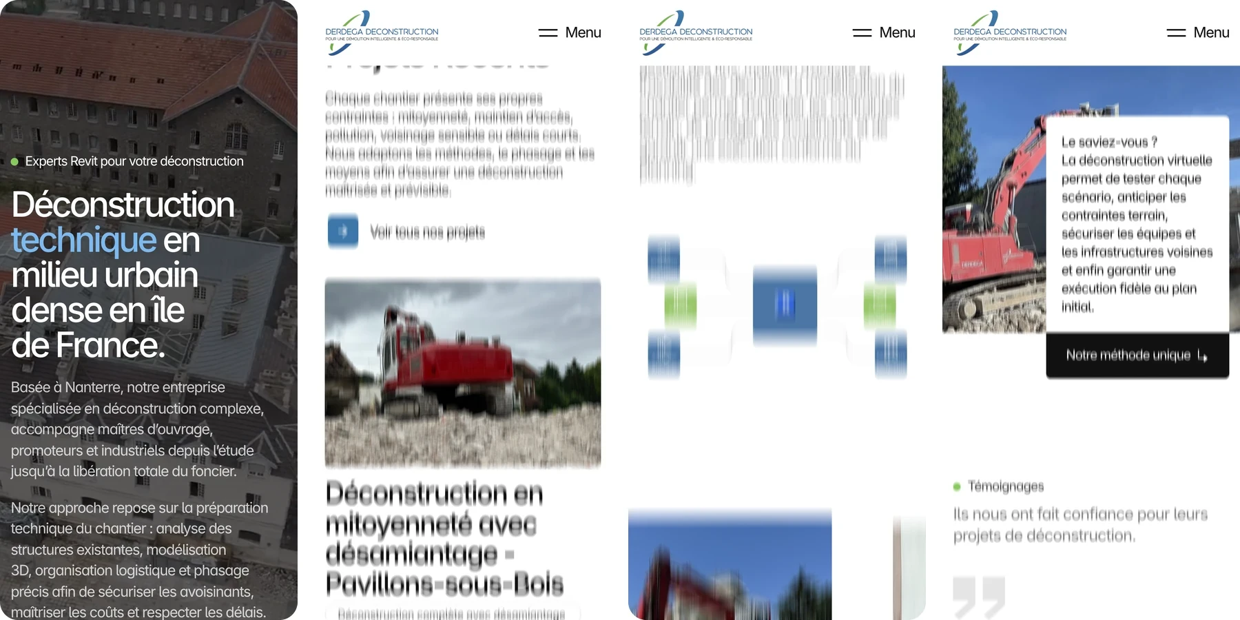Site de Derdega Déconstruction sur téléphone : accueil, projets récents, méthode et services.
