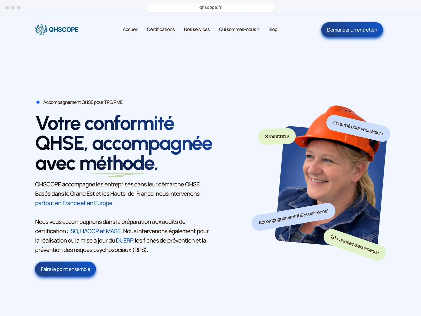 Page d’accueil du site QHSCOPE, cabinet de conseil QHSE, refait sur Framer