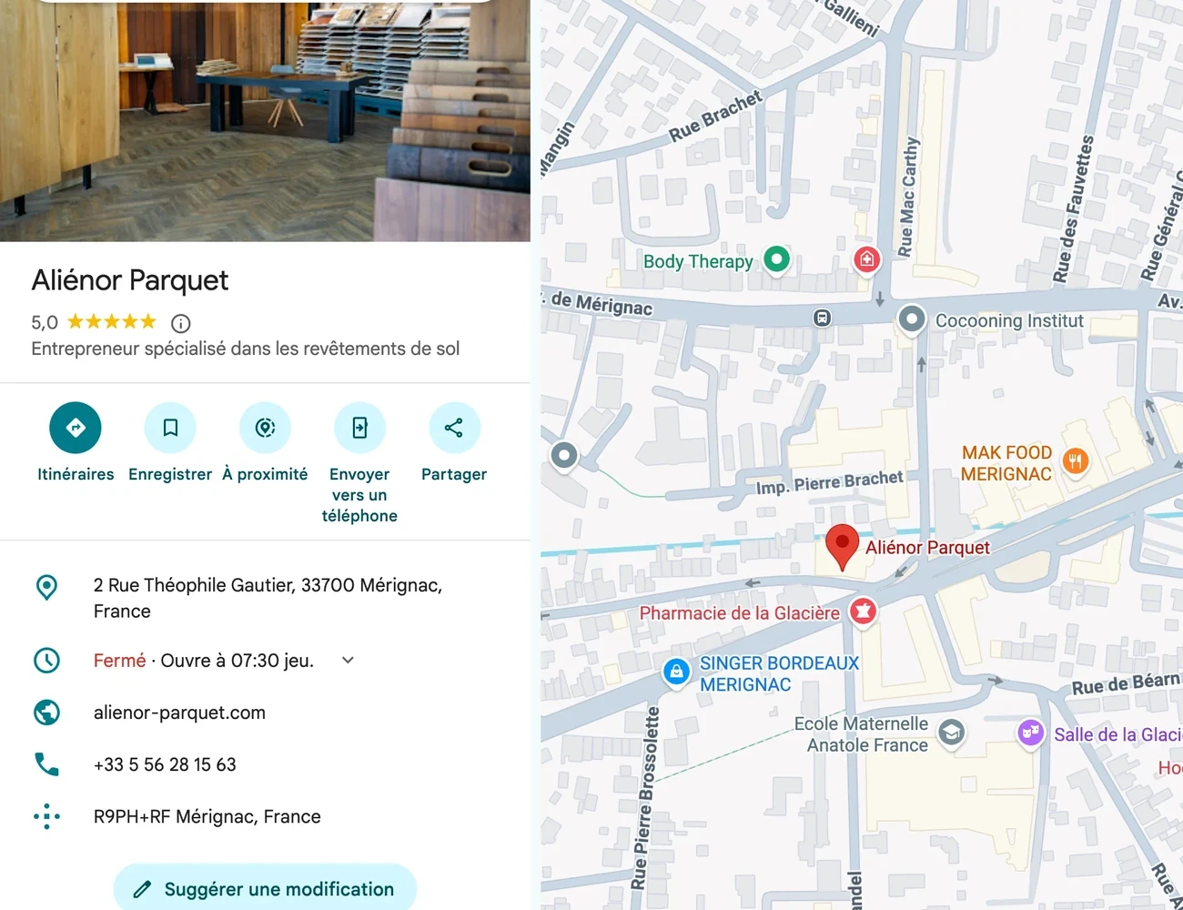 Fiche Google d’Aliénor Parquet à Mérignac, notée 5,0.