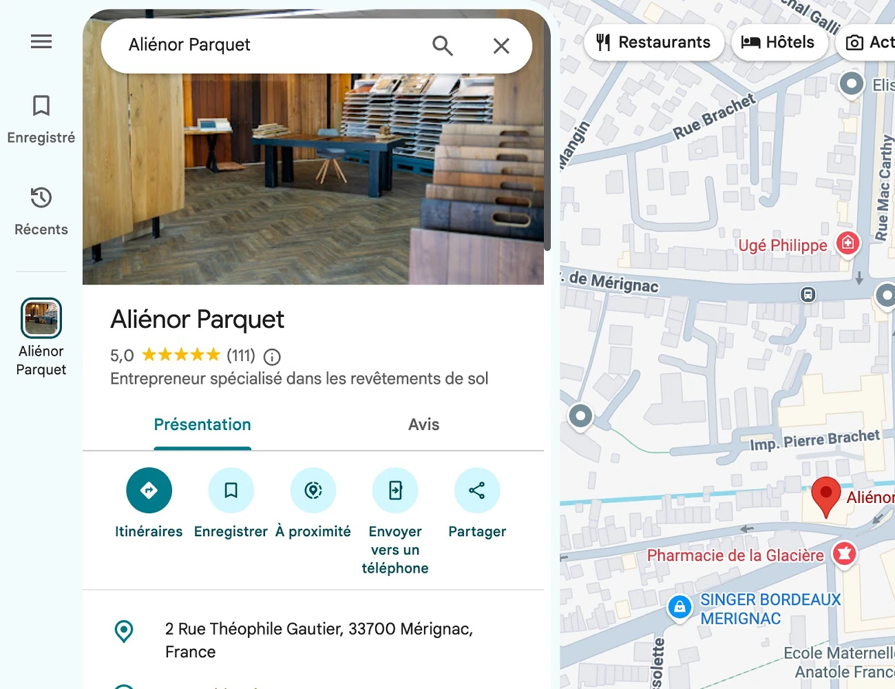 Fiche Google d’Aliénor Parquet à Mérignac : 5,0 sur 111 avis, publication et photos.