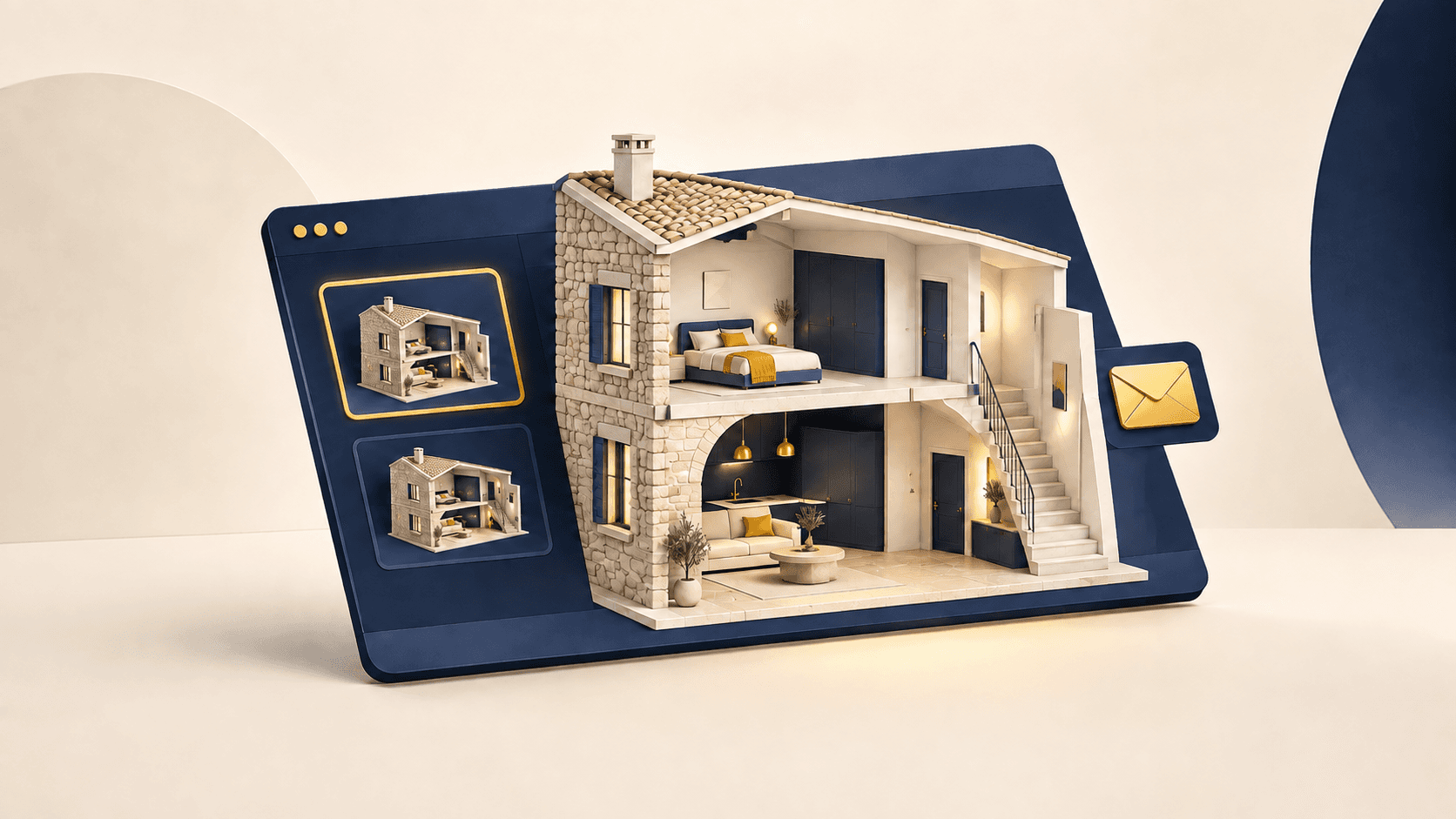 Illustration 3D d'une maison rénovée présentée dans un portfolio web, dans la palette bleu profond, ivoire et jaune de SL VISION.