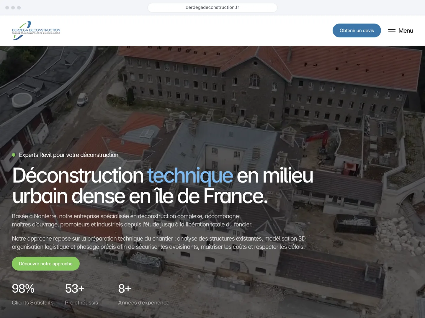 Page d’accueil du site Derdega Déconstruction, entreprise de déconstruction en Île-de-France