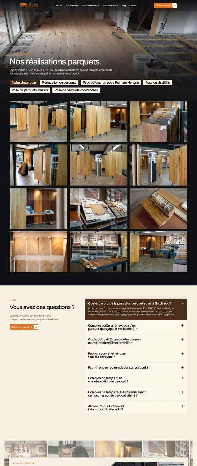 Page Nos réalisations du site Aliénor Parquet.
