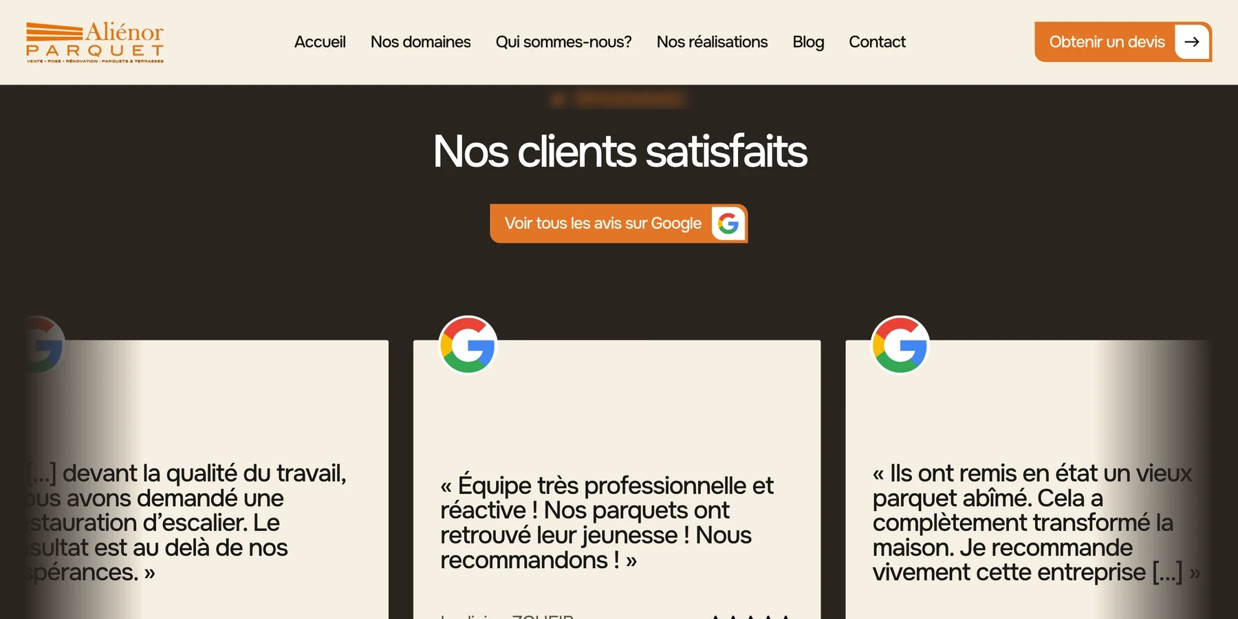 Avis Google affichés sur le site d’Aliénor Parquet.