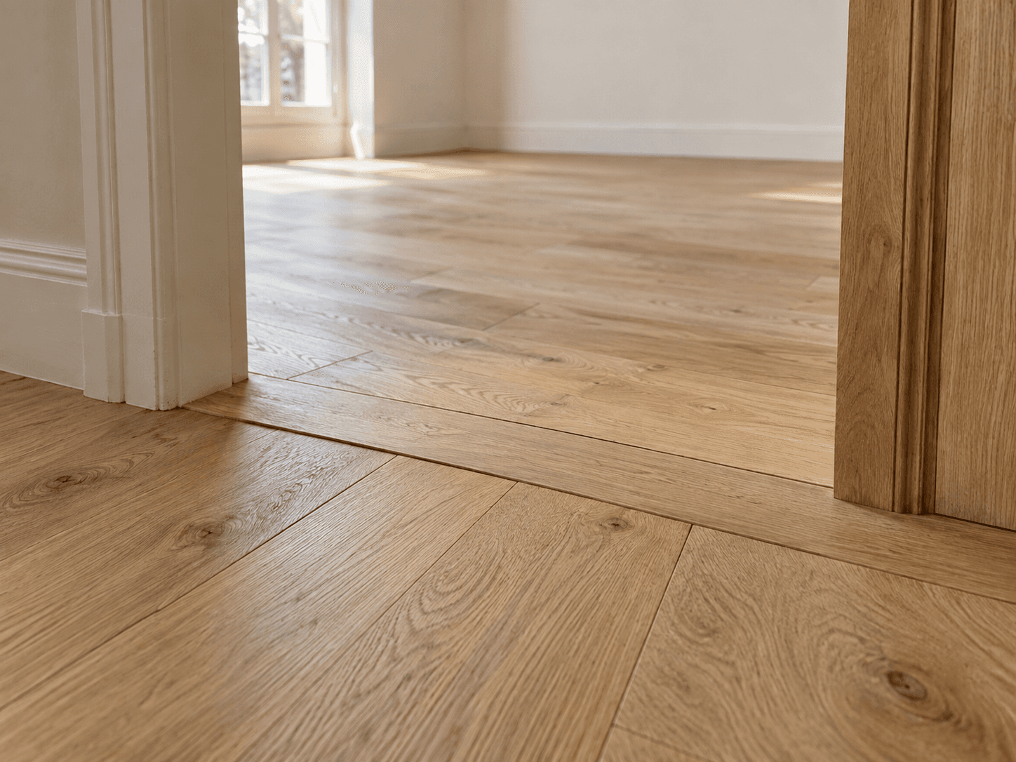 Détail d’un parquet en chêne et de sa finition au passage d’une porte.