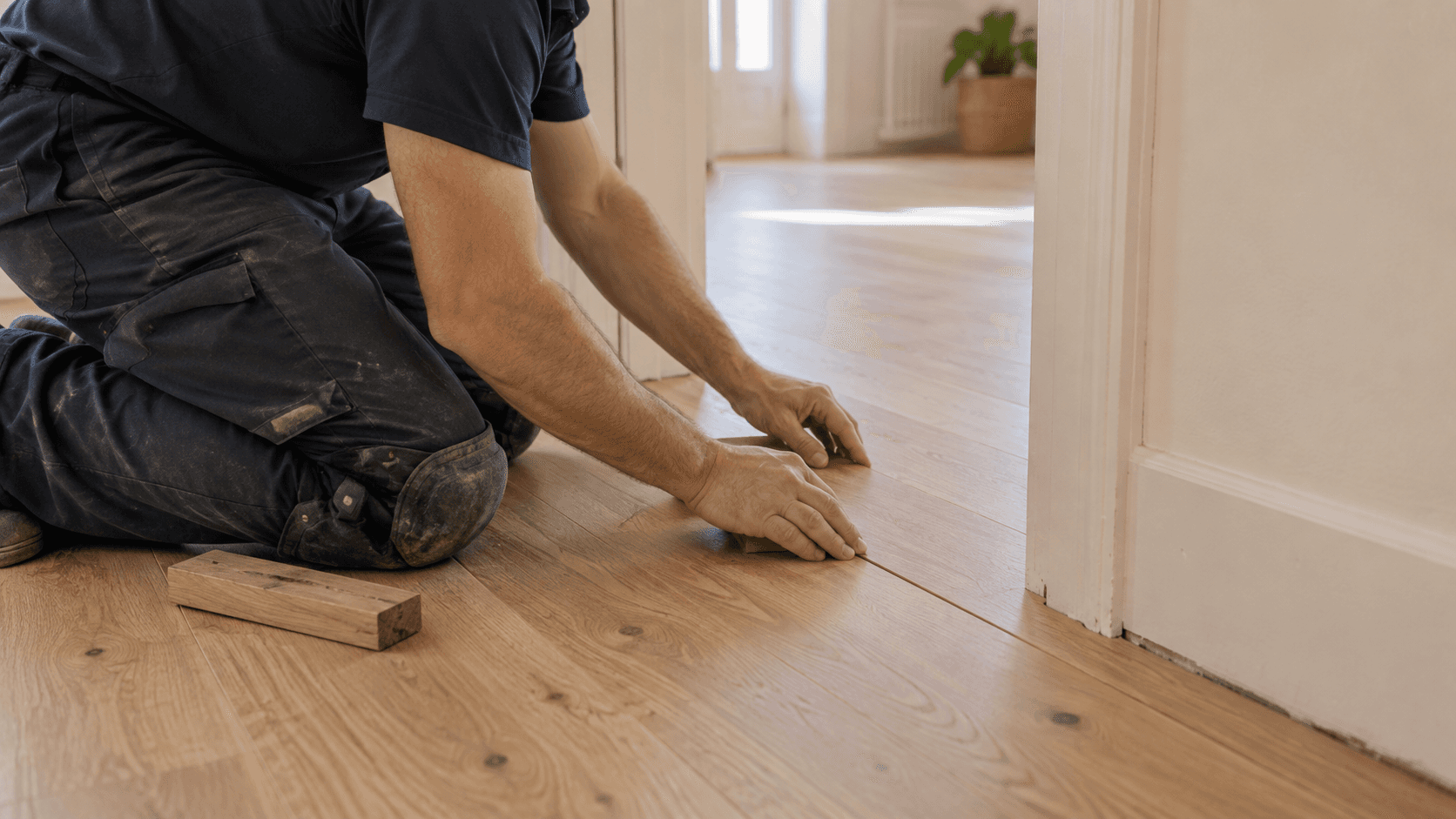 Parquettiste vérifiant l’ajustement d’une lame de parquet en chêne près d’un seuil.