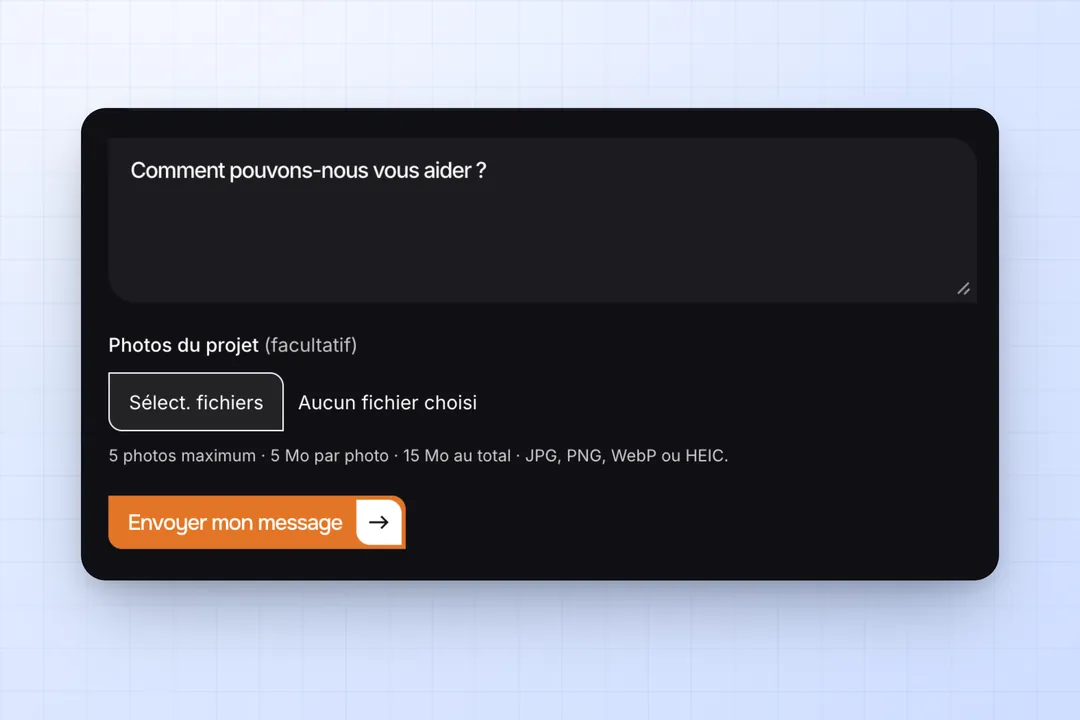 Formulaire de contact d’Aliénor Parquet avec ajout de photos du projet.