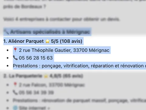 Réponse de ChatGPT citant Aliénor Parquet en premier pour une rénovation de parquet à Mérignac.