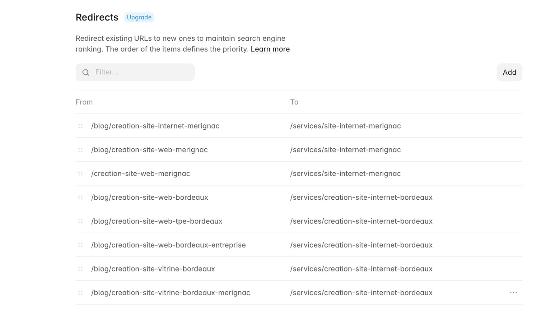 Liste des redirections du site SL VISION dans les réglages de Framer.