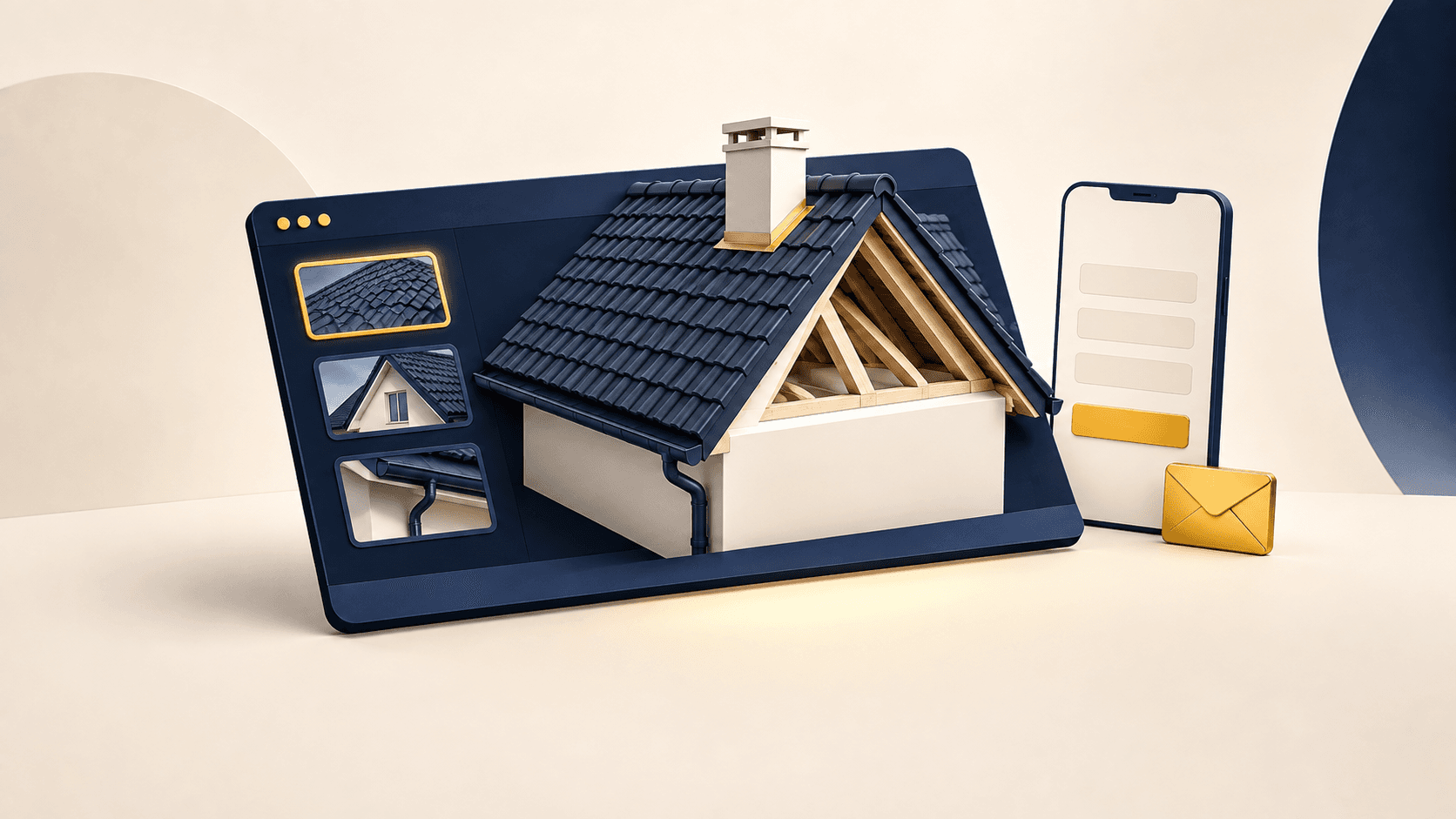 Illustration 3D d'une toiture présentée dans un portfolio web, accompagnée d'un écran de contact, dans les couleurs de SL VISION.