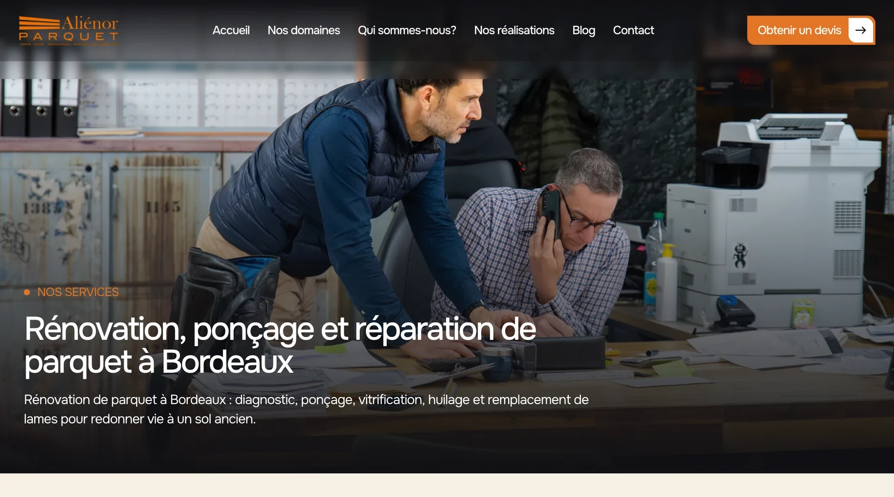 Page « Rénovation, ponçage et réparation de parquet à Bordeaux » d’Aliénor Parquet.
